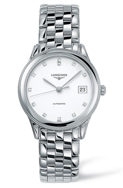 Shop Longines Flagship Automatic Diamond Bracelet Watch, 35.5mm In Silver/ White/ Silver