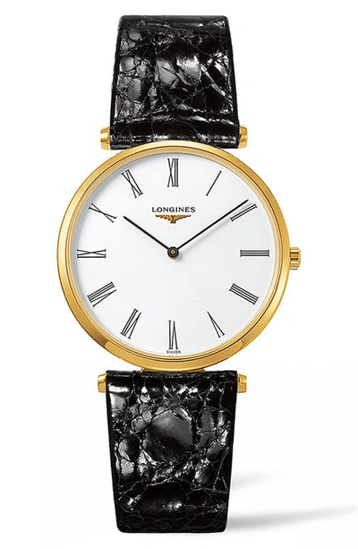 Shop Longines La Grande Classique Leather Strap Watch, 36mm In Black/ White/ Gold