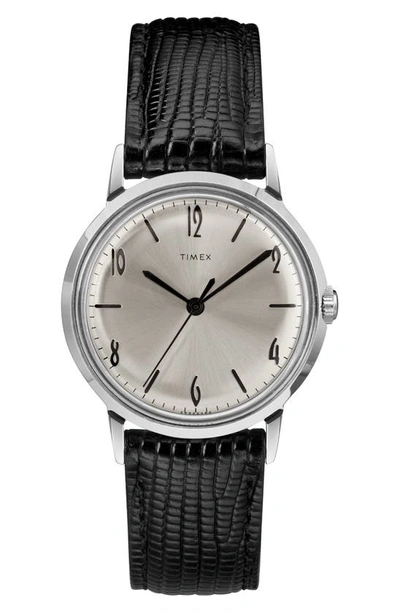 Shop Timexr Marlin Leather Strap Watch, 34mm In Black/ Silver