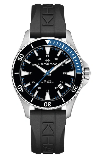 Shop Hamilton Khaki Navy Automatic Rubber Strap Watch, 40mm In Black/ Blue/ Silver