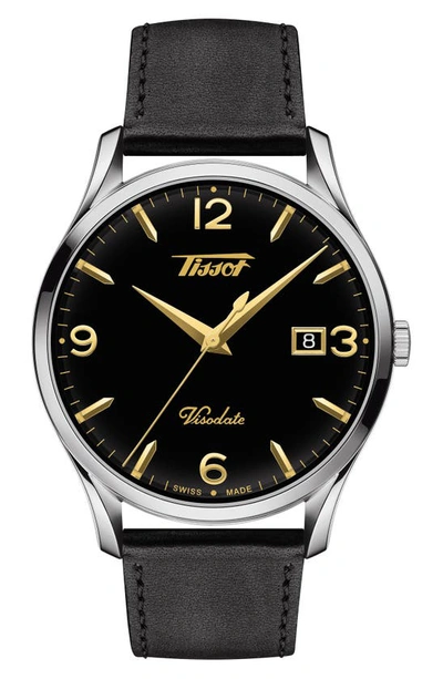 Shop Tissot Heritage Visodate Leather Strap Watch, 40mm In Black/ Silver/ Gold