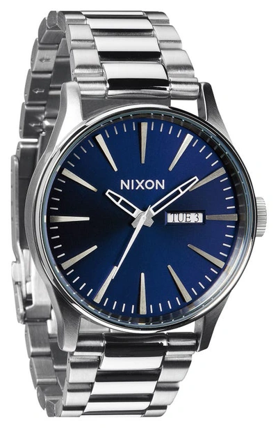 Shop Nixon Sentry Bracelet Watch, 42mm In Silver/ Blue Sunray