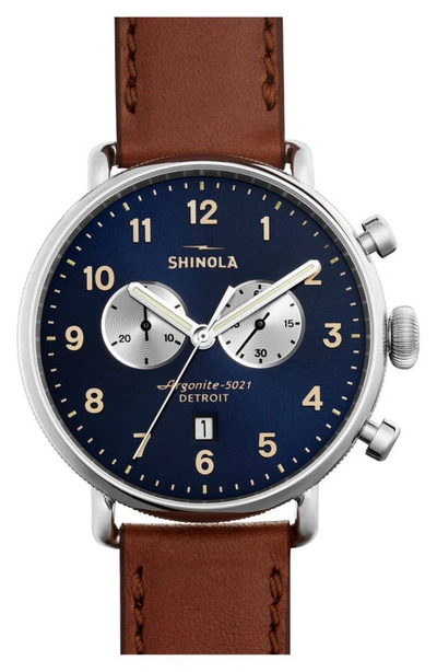 Shop Shinola The Canfield Chrono Leather Strap Watch, 43mm In Dark Cognac/ Midnight Blue