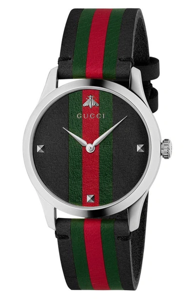 Shop Gucci G-timeless Leather Strap Watch, 38mm In Black/ Green/ Silver