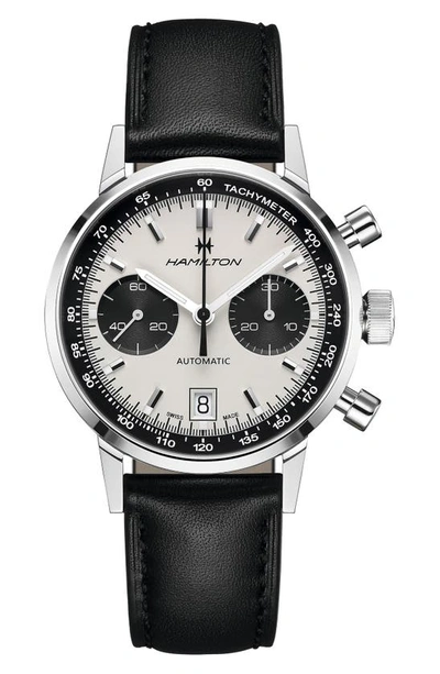 Shop Hamilton Intra-matic Automatic Chronograph Leather Strap Watch, 40mm In Black/ White/ Silver