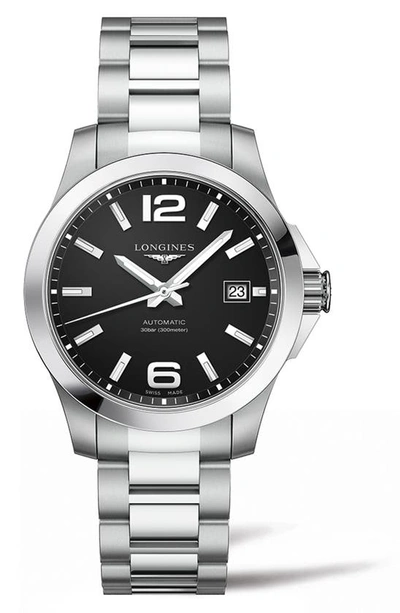 Shop Longines Conquest Automatic Bracelet Watch, 39mm In Silver/ Black/ Silver