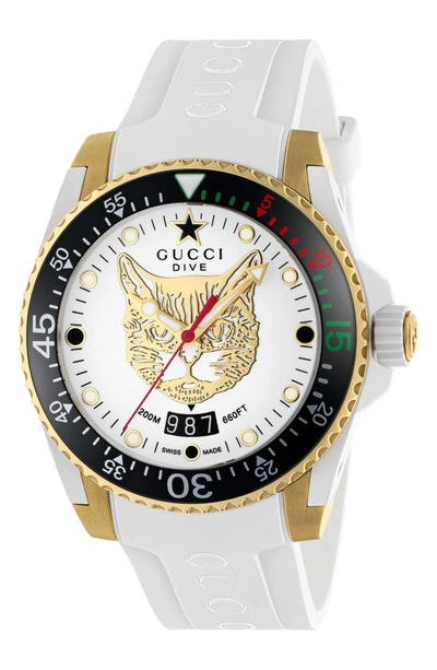 Shop Gucci Diver Cat Rubber Strap Watch, 40mm In White/ Black/ Gold