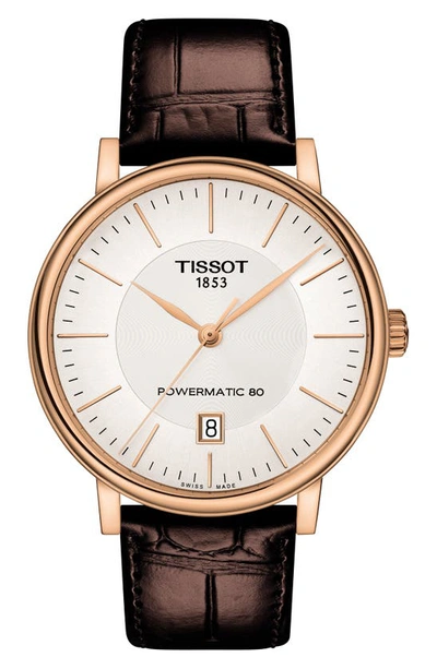 Shop Tissot Premium Carson Powermatic 80 Leather Strap Watch, 40mm In Brown/ Silver/ Rose Gold