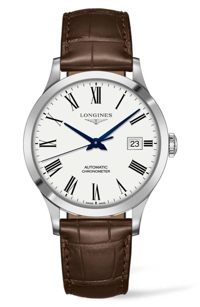 Shop Longines Record Alligator Leather Strap Automatic Watch, 40mm In Brown/ White/ Silver