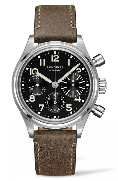 Shop Longines Aviation Big Eye Automatic Chronograph Leather Strap Watch, 41mm In Brown/ Black/ Silver