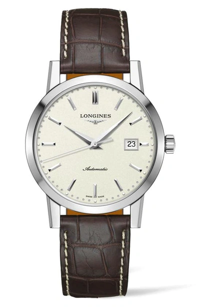 Shop Longines 1832 Automatic Alligator Leather Strap Watch, 40mm In Brown/ Beige/ Silver