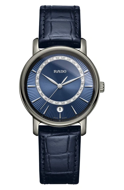 Shop Rado Diamaster Diamond Leather Strap Watch, 33mm In Blue/ Gunmetal
