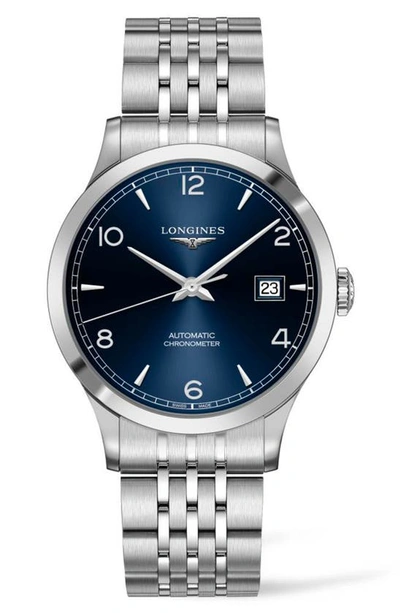 Shop Longines Record Automatic Bracelet Watch, 40mm In Silver/ Blue/ Silver