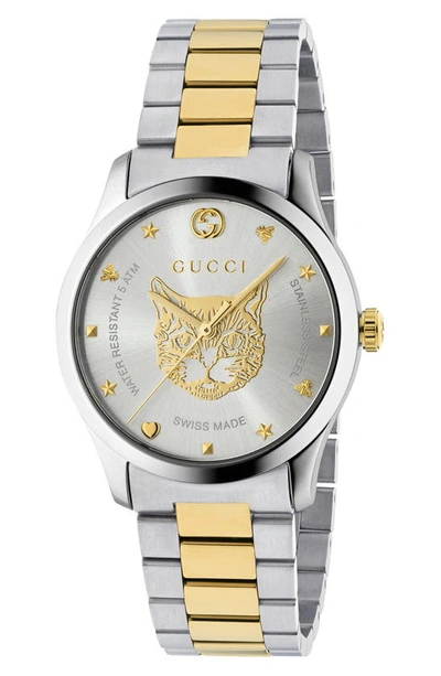 Shop Gucci G-timeless Bracelet Watch, 38mm In Silver/ Gold