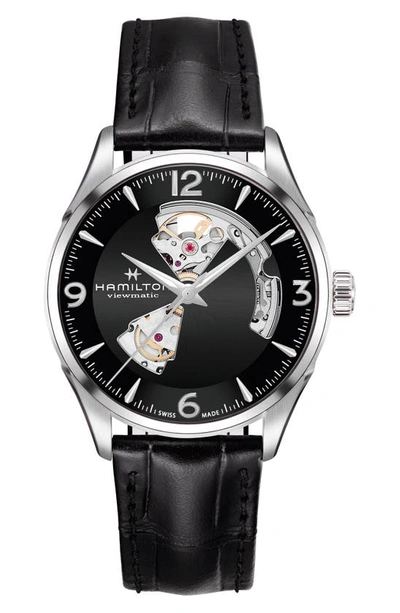 Shop Hamilton Jazzmaster Open Heart Automatic Leather Strap Watch, 42mm In Black/ Silver