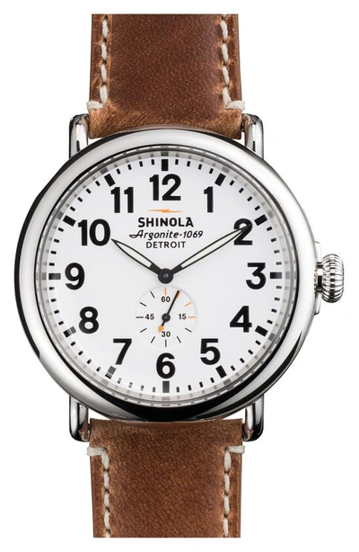 Shop Shinola The Runwell Leather Strap Watch, 47mm In Brown/ White/ Silver