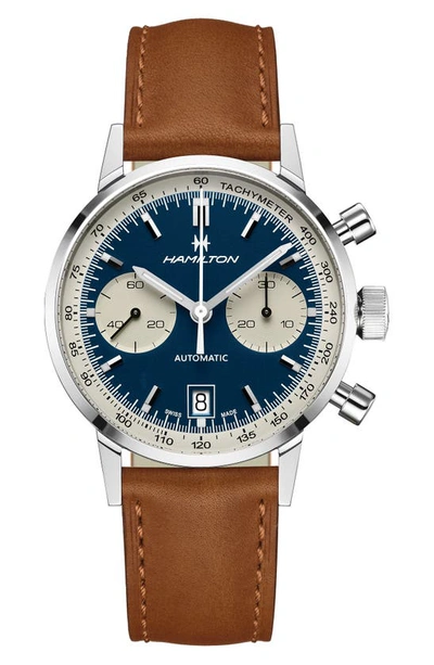 Shop Hamilton American Classic Automatic Chronograph Leather Strap Watch, 40mm In Brown/ Blue/ Silver