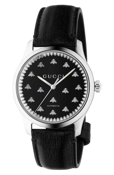 Shop Gucci Bee Automatic Leather Strap Watch, 42mm In Black/ Silver