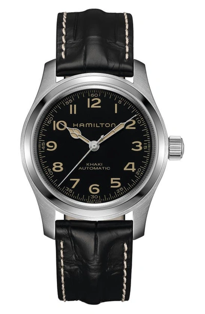 Shop Hamilton Khaki Field Automatic Leather Strap Watch, 42mm In Black/ Silver