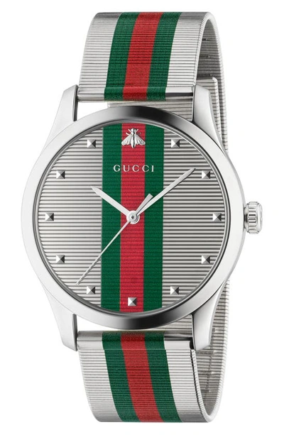 Shop Gucci G-timeless Bee Stripe Mesh Band Watch, 42mm In Silver/ Green/ Red/ Silver