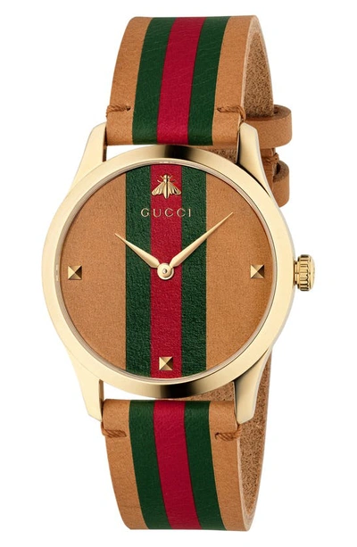 Shop Gucci G-timeless Leather Strap Watch, 38mm In Brown/ Green/ Gold