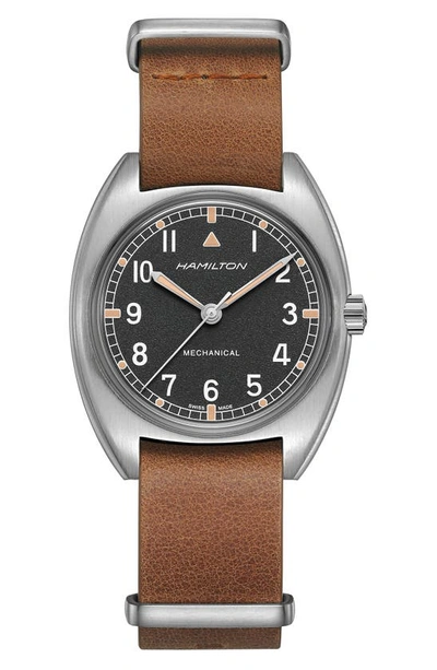 Shop Hamilton Khaki Aviator Pilot Pioneer Leather Strap Watch, 36mm X 33mm In Brown/ Black/ Silver