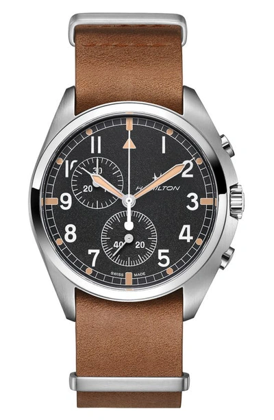 Shop Hamilton Khaki Aviator Pilot Pioneer Chronograph Leather Strap Watch, 41mm In Brown/ Black/ Silver