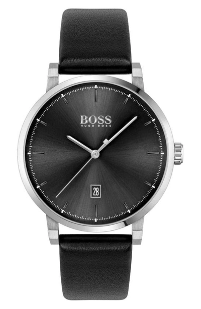 Shop Hugo Boss Confidence Leather Strap Watch, 42mm In Black/ Silver