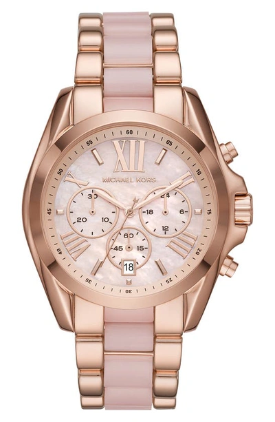 Shop Michael Kors Bradshaw Resin Link Chronograph Bracelet Watch, 43mm In Rose Gold/ Pink Mop/ Rose Gold