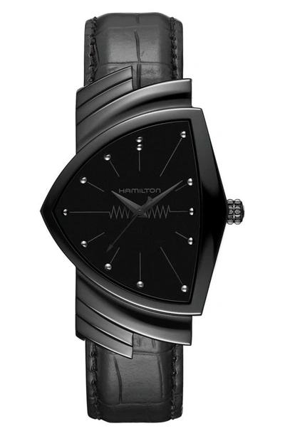 Shop Hamilton Ventura Leather Strap Watch, 32mm X 50mm In Black/ Silver