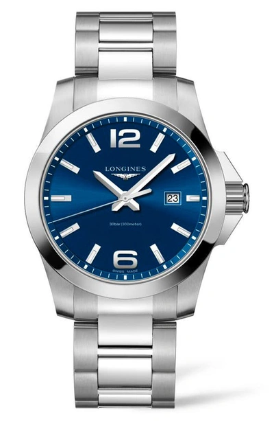 Shop Longines Conquest Bracelet Watch, 43mm In Silver/ Blue/ Silver