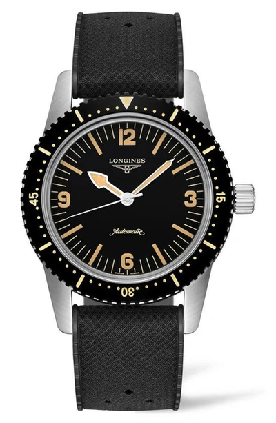 Shop Longines Skin Diver Automatic Rubber Strap Watch, 42mm In Black/ Yellow/ Silver