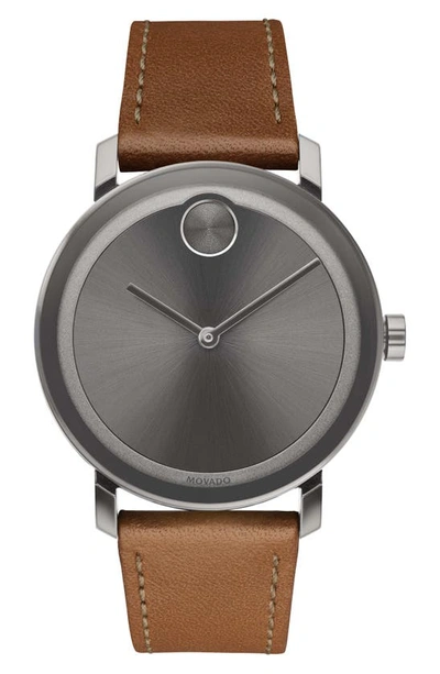 Shop Movado Bold Leather Strap Watch, 40mm In Cognac/ Grey
