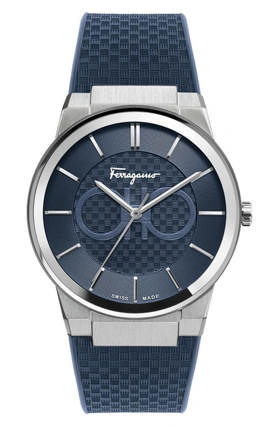 Shop Ferragamo Sapphire Rubber Strap Watch, 41mm In Blue/ Silver