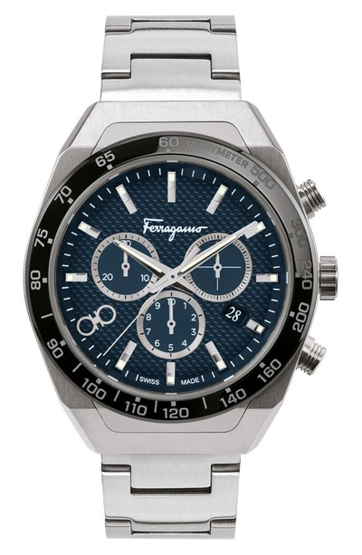 Shop Ferragamo Salvatore  Slx Chronograph Bracelet Watch In Silver/ Blue/ Black