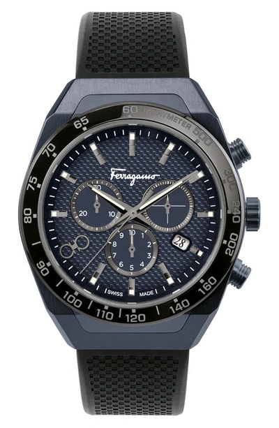 Shop Ferragamo Slx Chronograph Rubber Strap Watch, 43mm In Black/ Blue/ Black