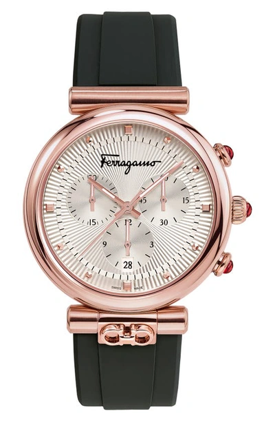 Shop Ferragamo Ora Chronograph Rubber Strap Watch, 40mm In Black/silver/rose Gold