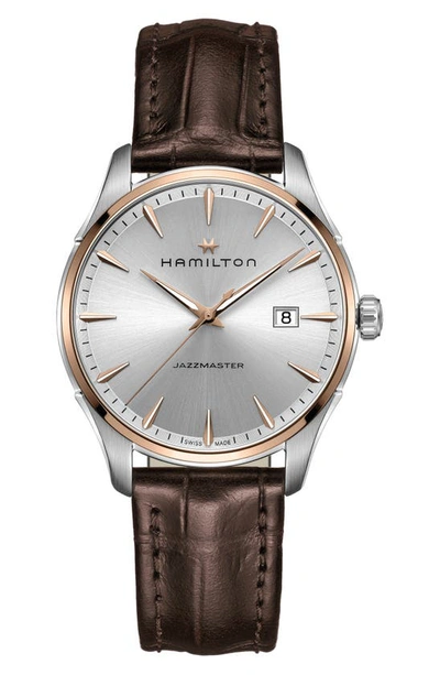 Shop Hamilton Jazzmaster Gent Leather Strap Watch, 40mm In Brown/ Silver/ Rose Gold