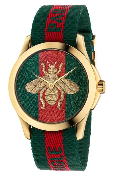 Shop Gucci Le Marché Des Merveilles Nylon Strap Watch, 45mm In Green/ Red/ Gold