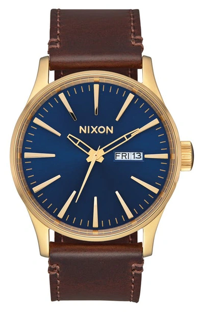Shop Nixon The Sentry Leather Strap Watch, 42mm In Brown/ Navy/ Gold
