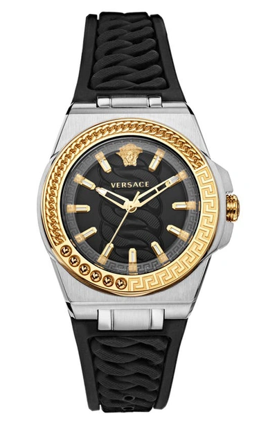 Shop Versace Chain Reaction Silicone Strap Watch, 40mm In Black/ Two Tone