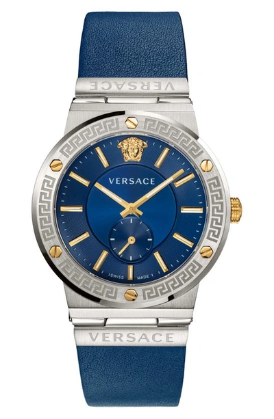 Shop Versace Greca Logo Leather Strap Watch, 41mm In Blue/ Silver
