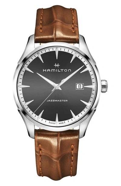 Shop Hamilton Jazzmaster Gent Leather Strap Watch, 40mm In Brown/ Grey/ Silver