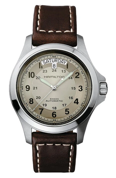 Shop Hamilton Khaki Field King Automatic Leather Strap Watch, 40mm In Brown/ Beige/ Silver
