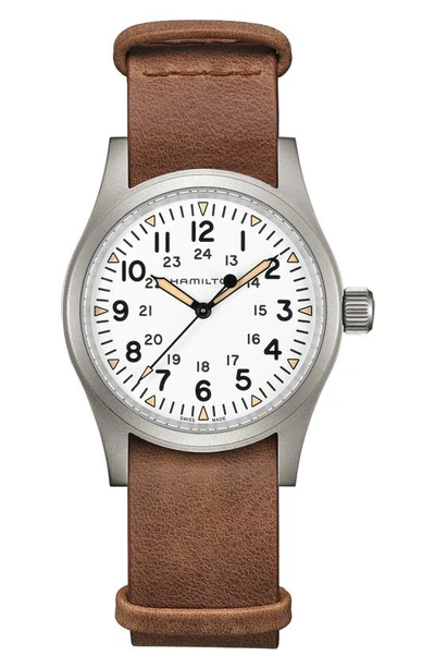 Shop Hamilton Khaki Field Leather Strap Watch, 38mm In Brown/ White/ Silver