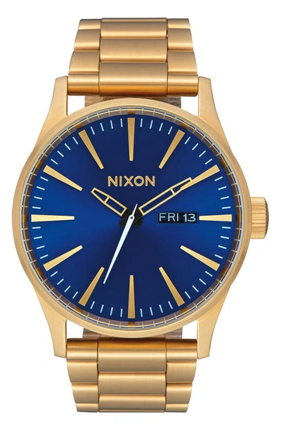 Shop Nixon Sentry Bracelet Watch, 42mm In Gold/ Blue/ Gold