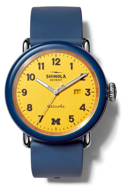 Shop Shinola Detrola The Wolverine Silicone Strap Watch, 43mm In Midnight Blue/ Maize/ Silver
