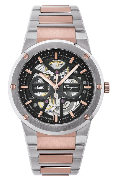 Shop Ferragamo F-80 Skeleton Automatic Bracelet Watch, 40mm In Gray Skeleton/ Rose Gold