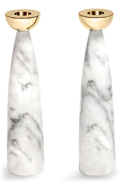 Anna New York Coluna Set Of 2 Marble Candleholders In Carrara Gold