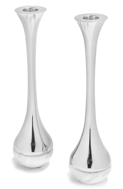 Anna New York Dual Marble & Silver Tone Candle Holders In Carrara Silver
